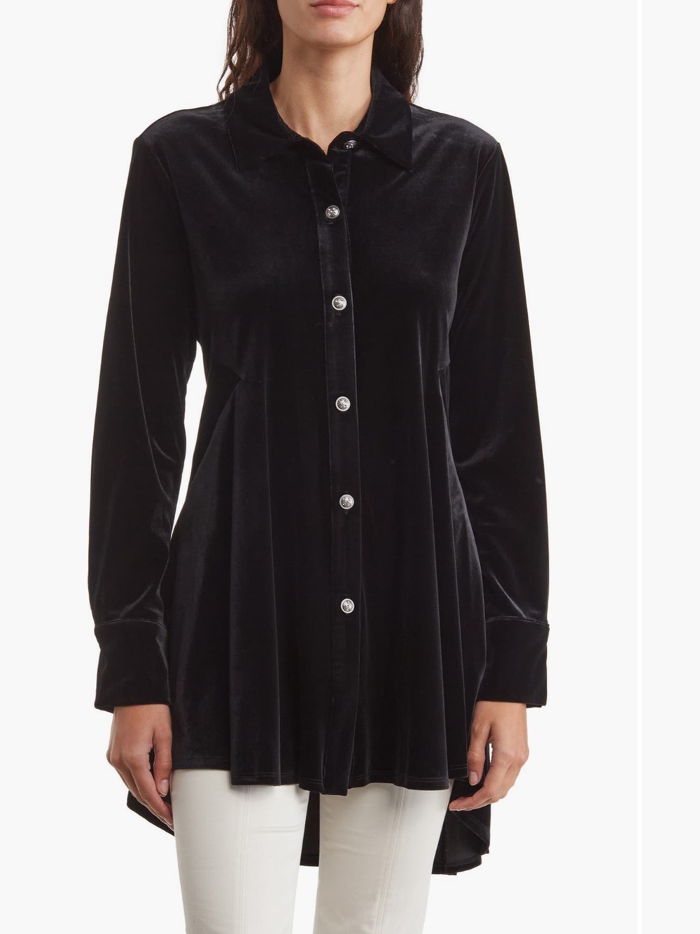 Donna Karan Black Velvet Button-Down Tunic Shirt